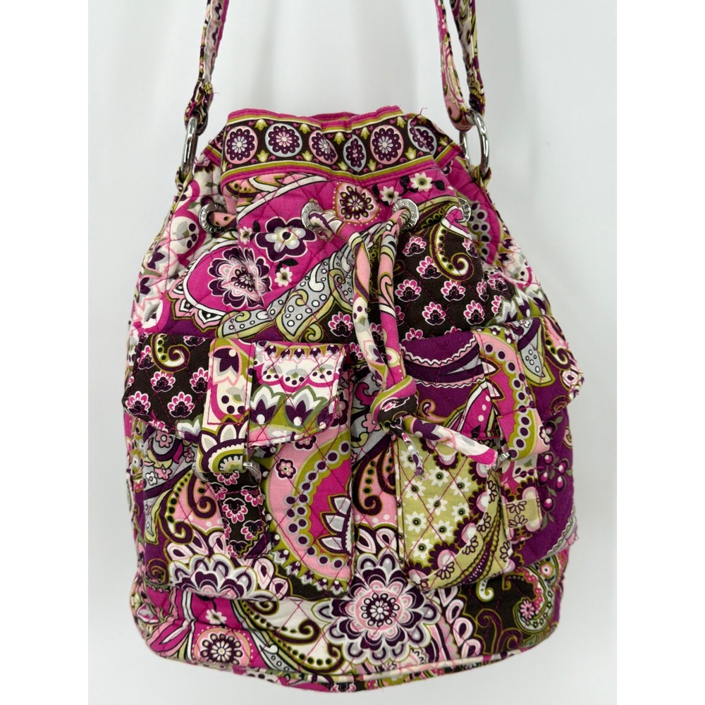 Vera Bradley Very Berry Paisley Quilted Cotton Drawstring Crossbody Bucket Bag